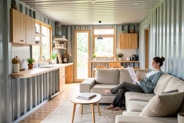 L'intérieur d'une maison container ressemble à